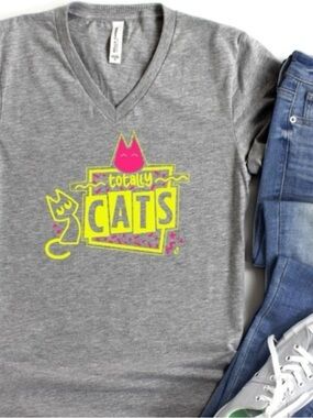 Cat Lady Small Totally Cats Graphic Tee - Gray with Neon Yellow & Pink